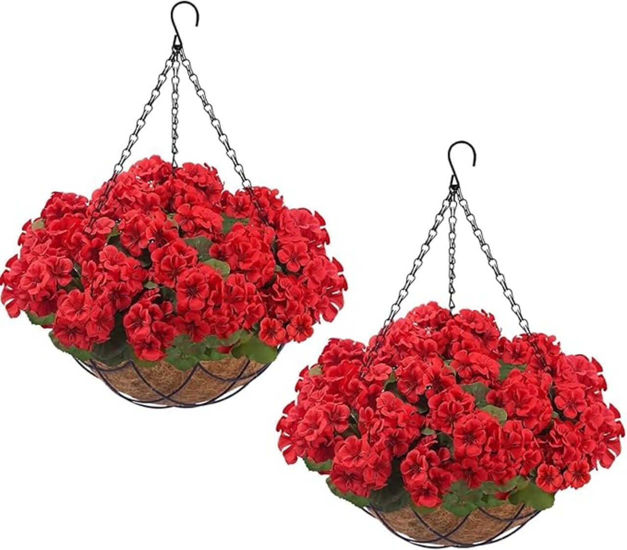 Artificial Hanging Flowers with Baskets, 2 Sets – 16 Red Fake Geraniums for Outdoor Porch, Garden, Balcony, Yard & Patio Decoration